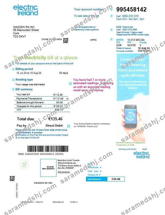 IRELAND ELECTRIC IRELAND business utility bill Word and PDF template